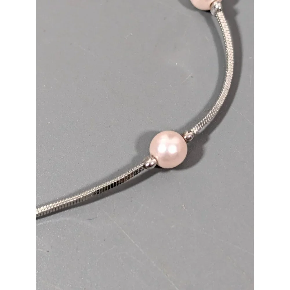 Silver Tone Faux Pearl Station Chain‎ Necklace Elegant Bridal Classic 19